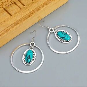 Bohemian Ethnic Style Hollow Round Shape with Oval Turquoise Dangle Earrings